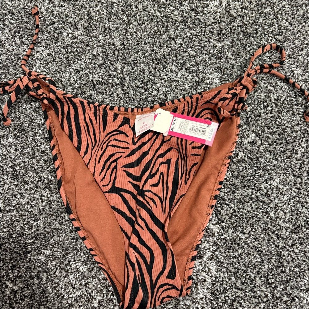 NWT xl woman’s Zebra Print Tie-Side Bikini Bottoms - brown and Black